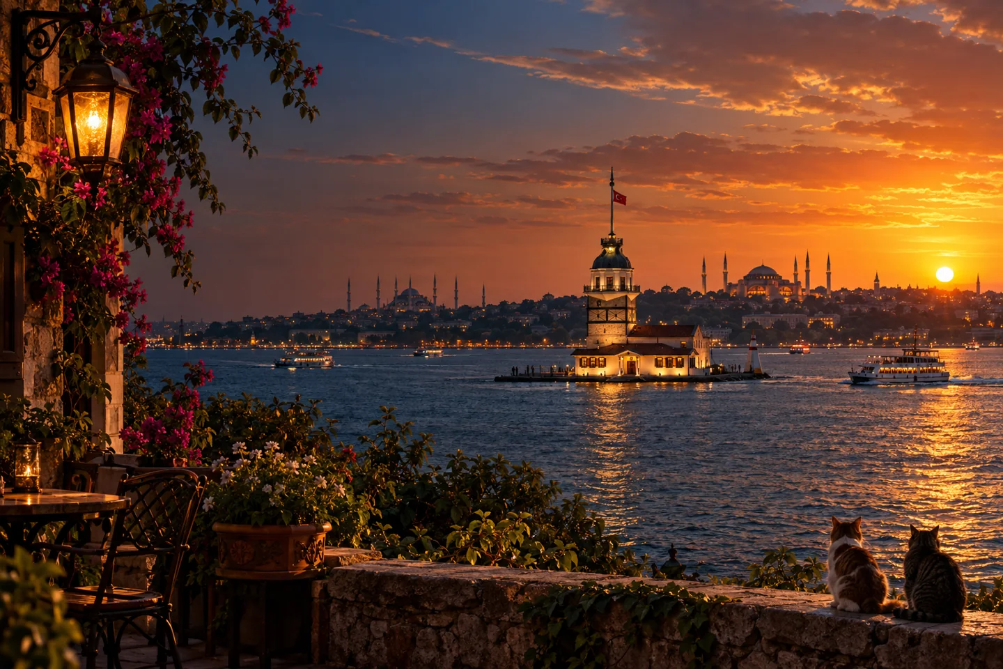 Gün batımında İstanbul Boğazı ve Kız Kulesi